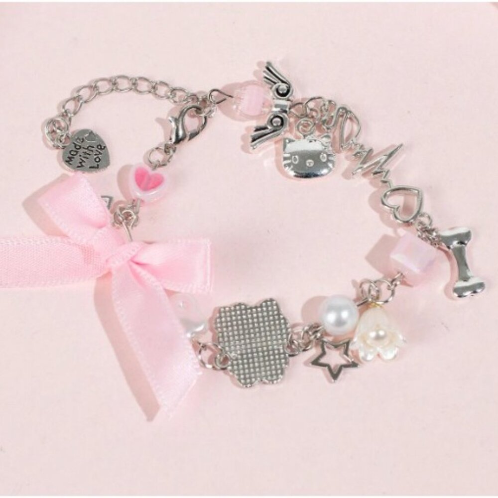 HELLO KITTY Pink, Pearl & Pink Bow Charm Bracelet (BRAND-NEW & SO CUTE!) - Picture 3 of 4